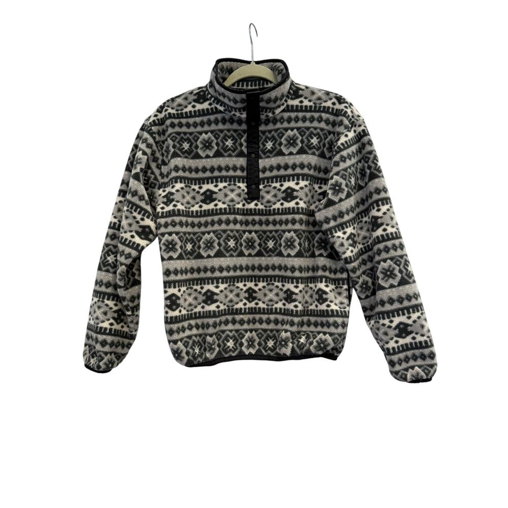 Vintage L.L.Bean Aztec Pattern Black Gray Fleece Snap Pullover Sz Small